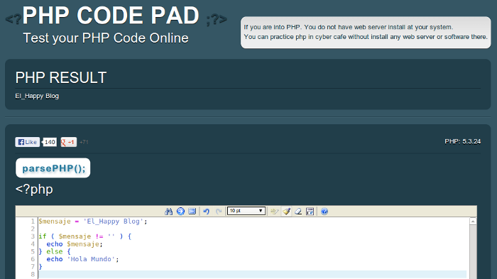 PHP Code Pad, aprende PHP haciendo pruebas online