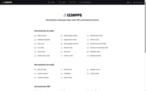 Página principal de 123apps.com con las categorías de herramientas de vídeo, audio y PDF
