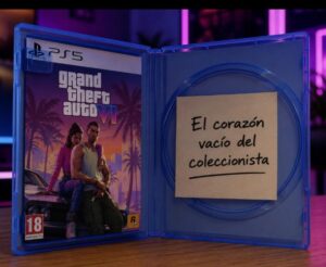 Caja física de un juego de PS5 abierta mostrando una nota en lugar del disco, como comentario sobre las ediciones físicas sin disco