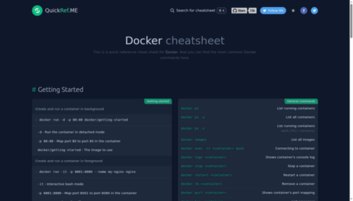 Cheatsheet de docker en QuickRef.ME en modo oscuro, mostrando comandos básicos como docker run, docker ps y docker exec