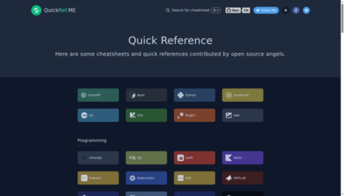 Página principal de QuickRef.ME mostrando la lista de cheatsheets disponibles, en modo oscuro