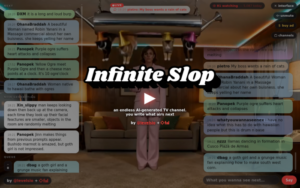 Interfaz de infiniteslop.ai mostrando el video generado por IA en el centro, el chat de espectadores a la derecha y la cola de prompts a la izquierda