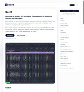 Página principal de llmfit.org mostrando la descripción de la herramienta y una demo de su interfaz de terminal con la lista de modelos compatibles