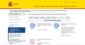 Página del Ministerio de Cultura de España con el listado de webs bloqueadas por la Sección Segunda de la Comisión de Propiedad Intelectual