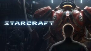 Un marine del Dominio frente a un mech de combate en el tráiler cinemático StarCraft Dominion