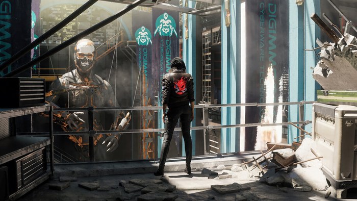 Personaje con chamarra Samurai de espaldas frente a un enorme cyborg esquelético en una escena de Cyberpunk 2077