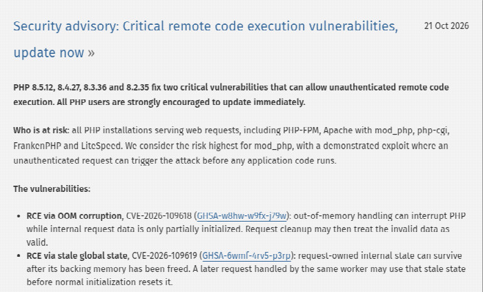 Aviso de seguridad en php.net del 21 de octubre de 2026 sobre dos vulnerabilidades críticas de ejecución remota de código, CVE-2026-109618 y CVE-2026-109619, corregidas en PHP 8.5.12, 8.4.27, 8.3.36 y 8.2.35
