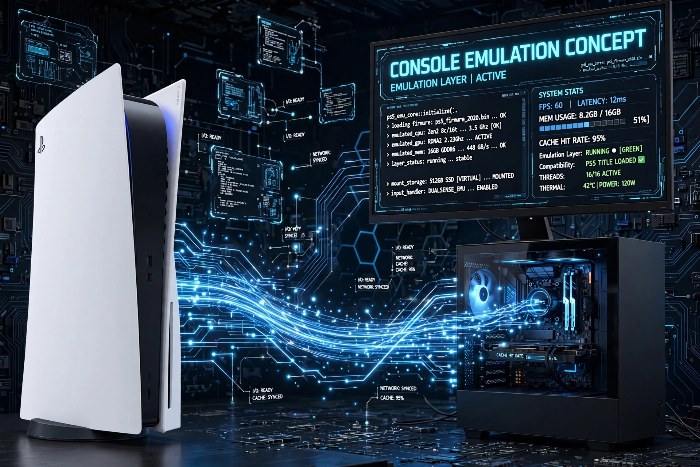 Una consola PS5 junto a una PC con gabinete de cristal, conectadas por flujos de datos que representan una capa de emulación