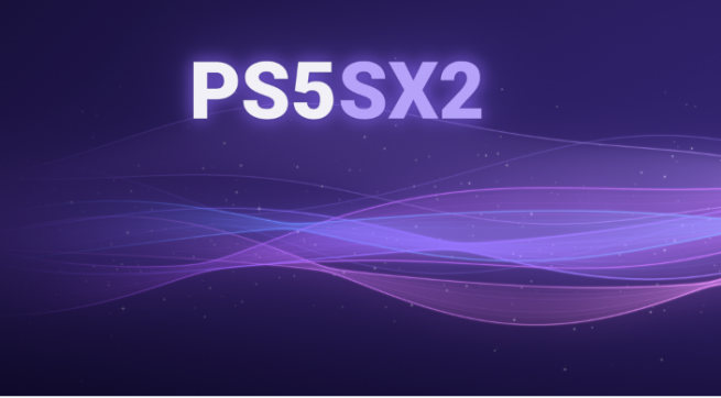 Logotipo de PS5SX2 sobre un fondo morado con ondas luminosas